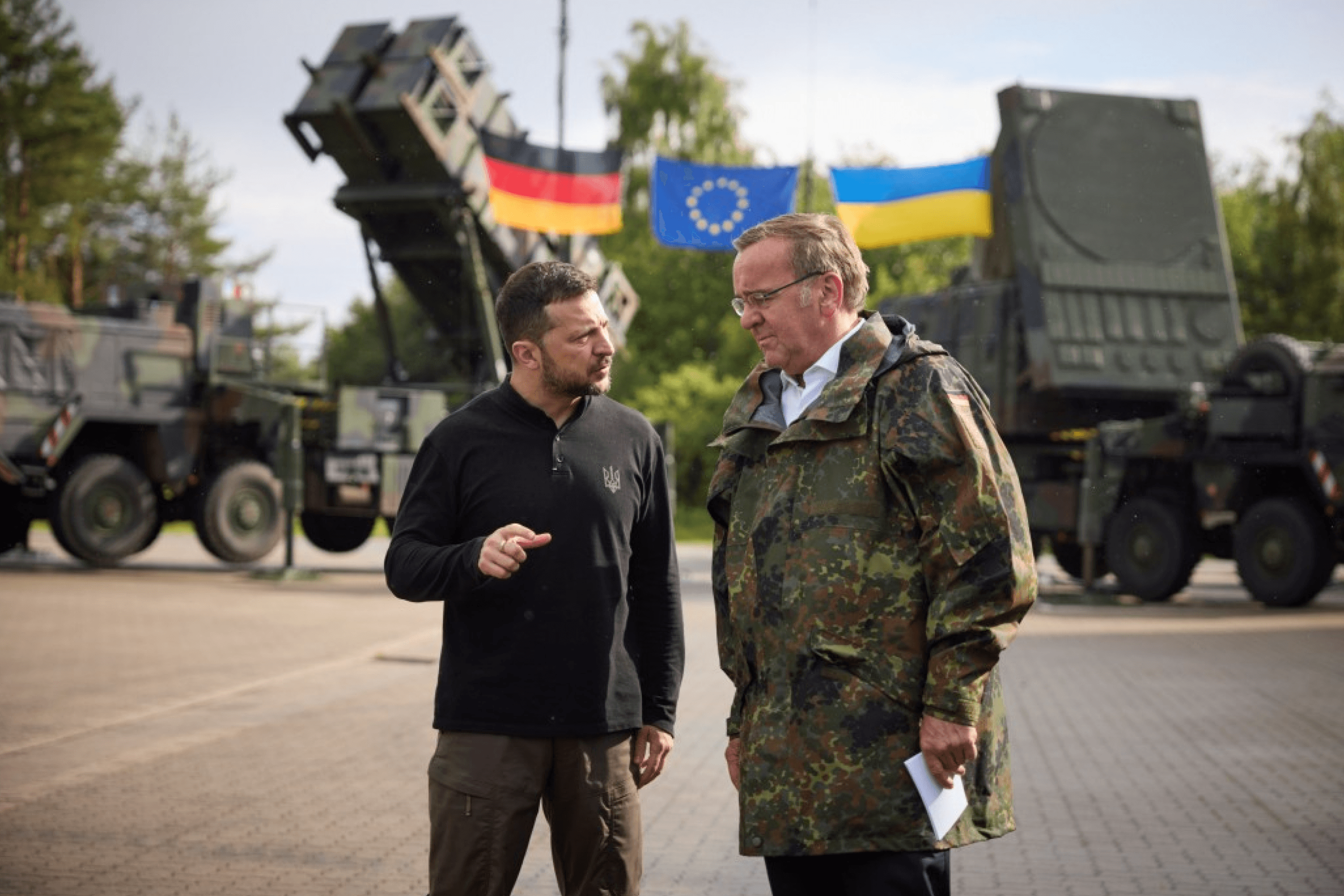 Ukrainian President Volodymyr Zelenskyy and German Defence Minister Boris Pistorius beside a Patriot air defense system in Germany, June 11, 2024.