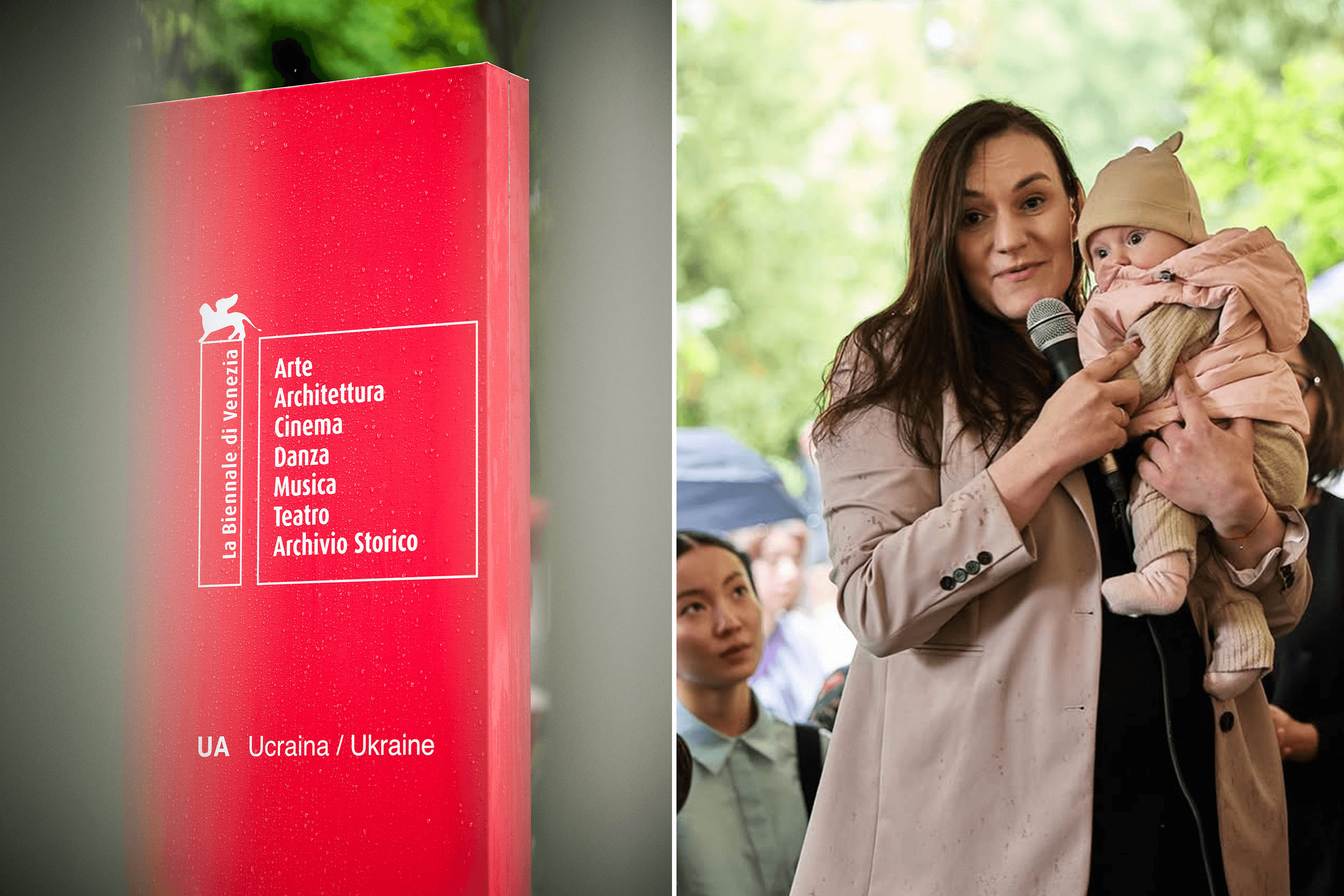 Tetiana Berezhna and her daughter Osaka during the opening of the “Security Guarantees” project at the Biennale.