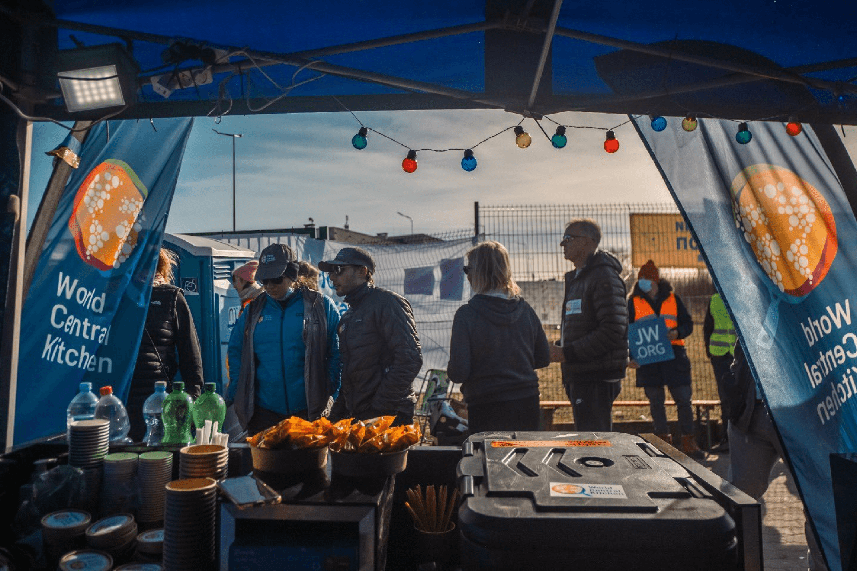 A World Central Kitchen distribution point at the Medyka border crossing, where food was provided to people leaving Ukraine for Poland. March 2022.