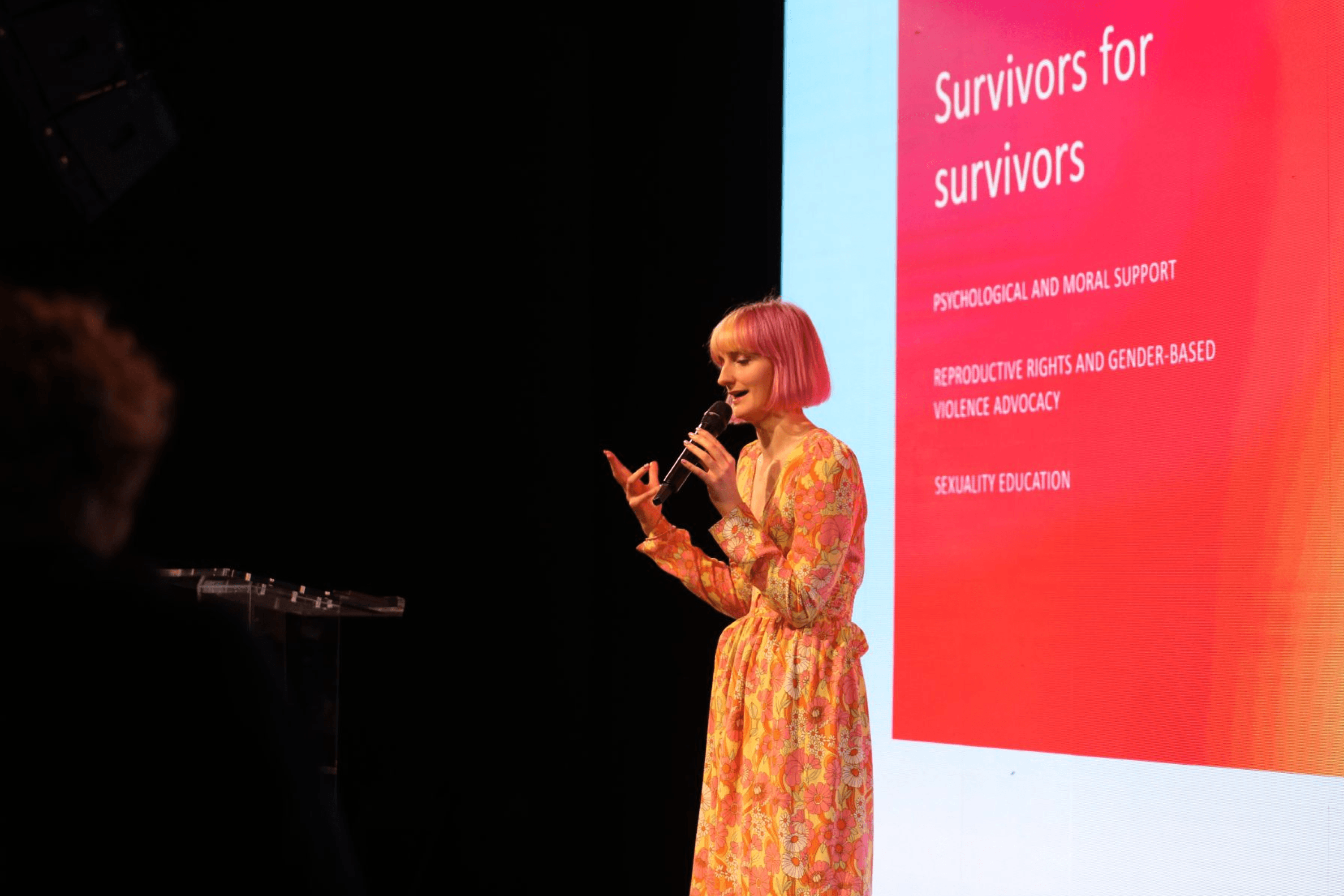 Nastya Podorozhnya represents the Martynka Foundation at the Moonshot Awards, where the organization won first place in the Emergency Response category. 2022.