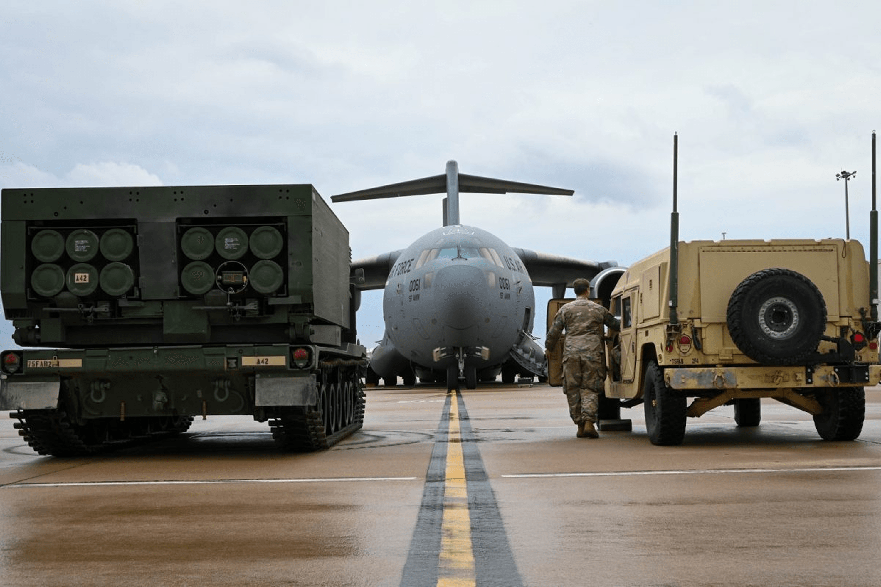 A delivery of military aid to Ukraine from international partners.