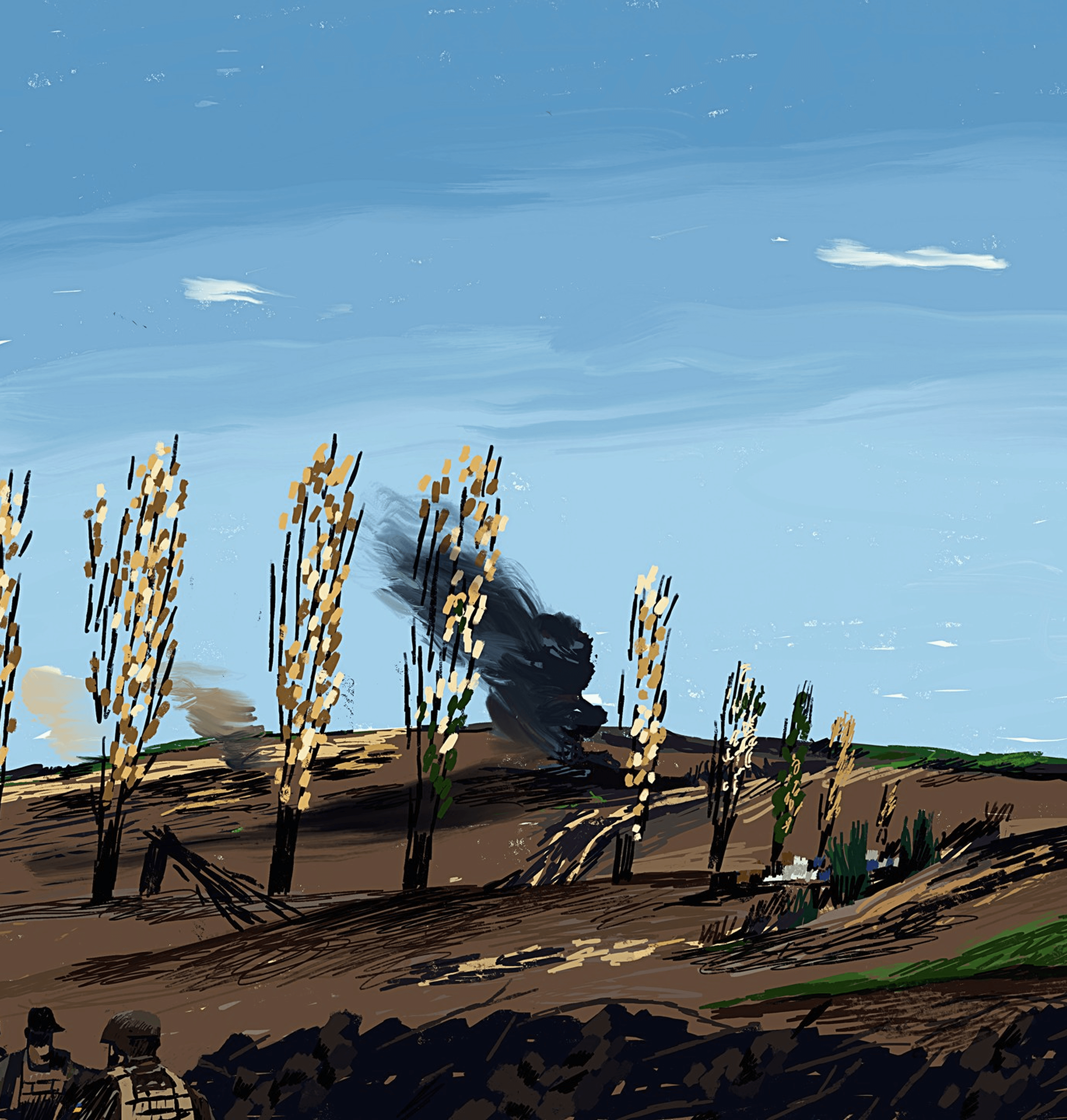 An illustration by Sergiy Maidukov depicting the landscape near Bakhmut, created for ZEIT Magazin. September 2022.