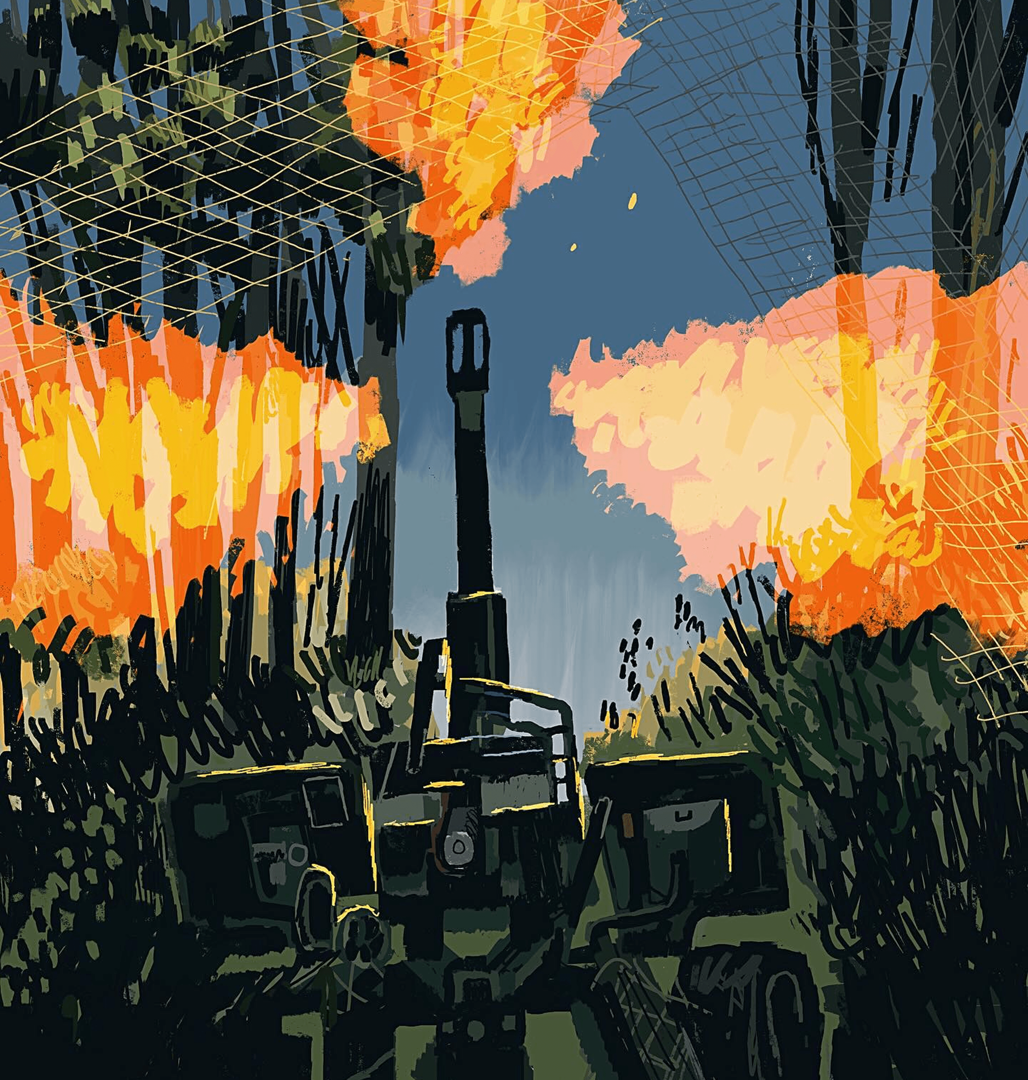 An illustration by Sergiy Maidukov depicting the aftermath of a Russian attack on Lutsk. November 2024.