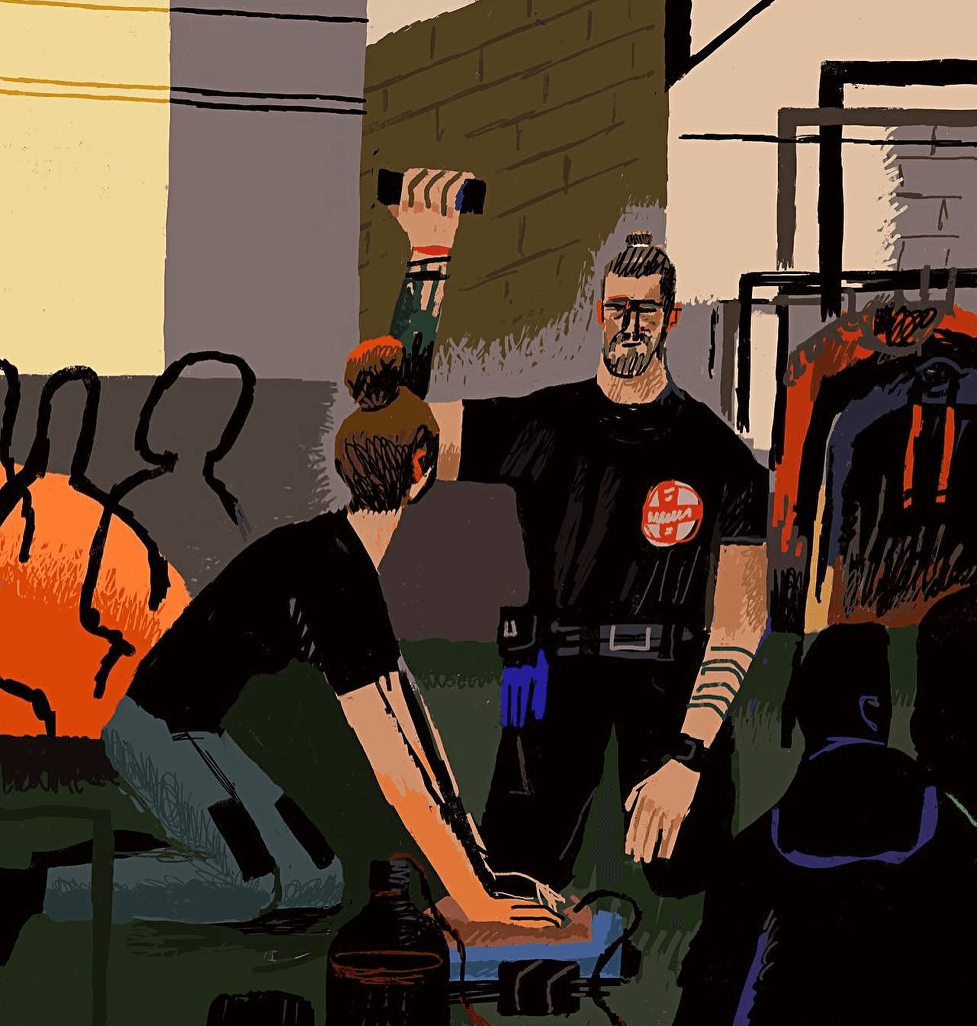 An illustration by Sergiy Maidukov depicting tactical medicine training and instruction in controlling life-threatening bleeding. Created for ZEIT Magazin. February 2024.