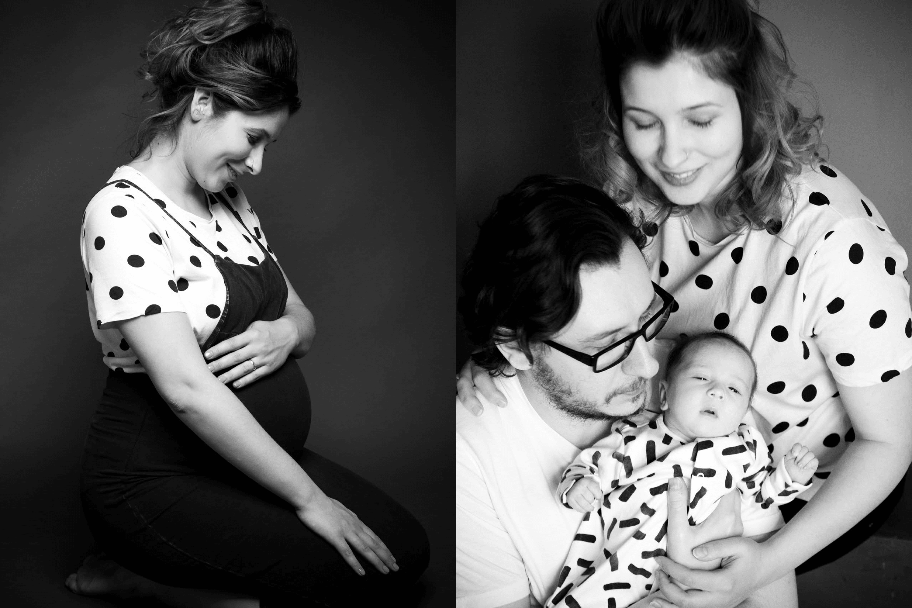 Left: Niya Nikel during her pregnancy. Right: Niya with her daughter Eva in the first weeks after her birth and her husband Andrii. 2019.