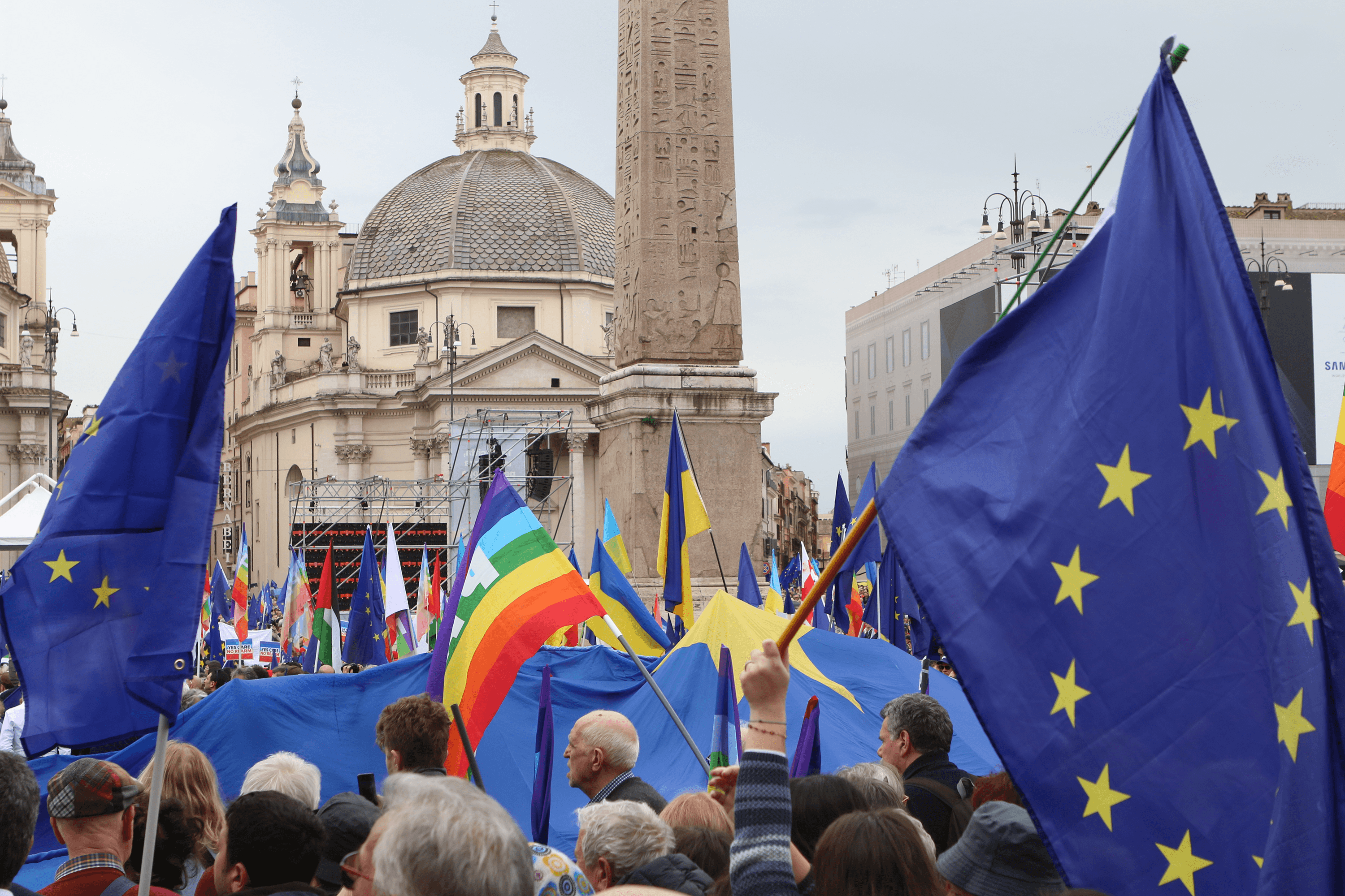 The “A Square for Europe” rally with European Union and Ukrainian flags at Piazza del Popolo in Rome, Italy. March 15, 2025.