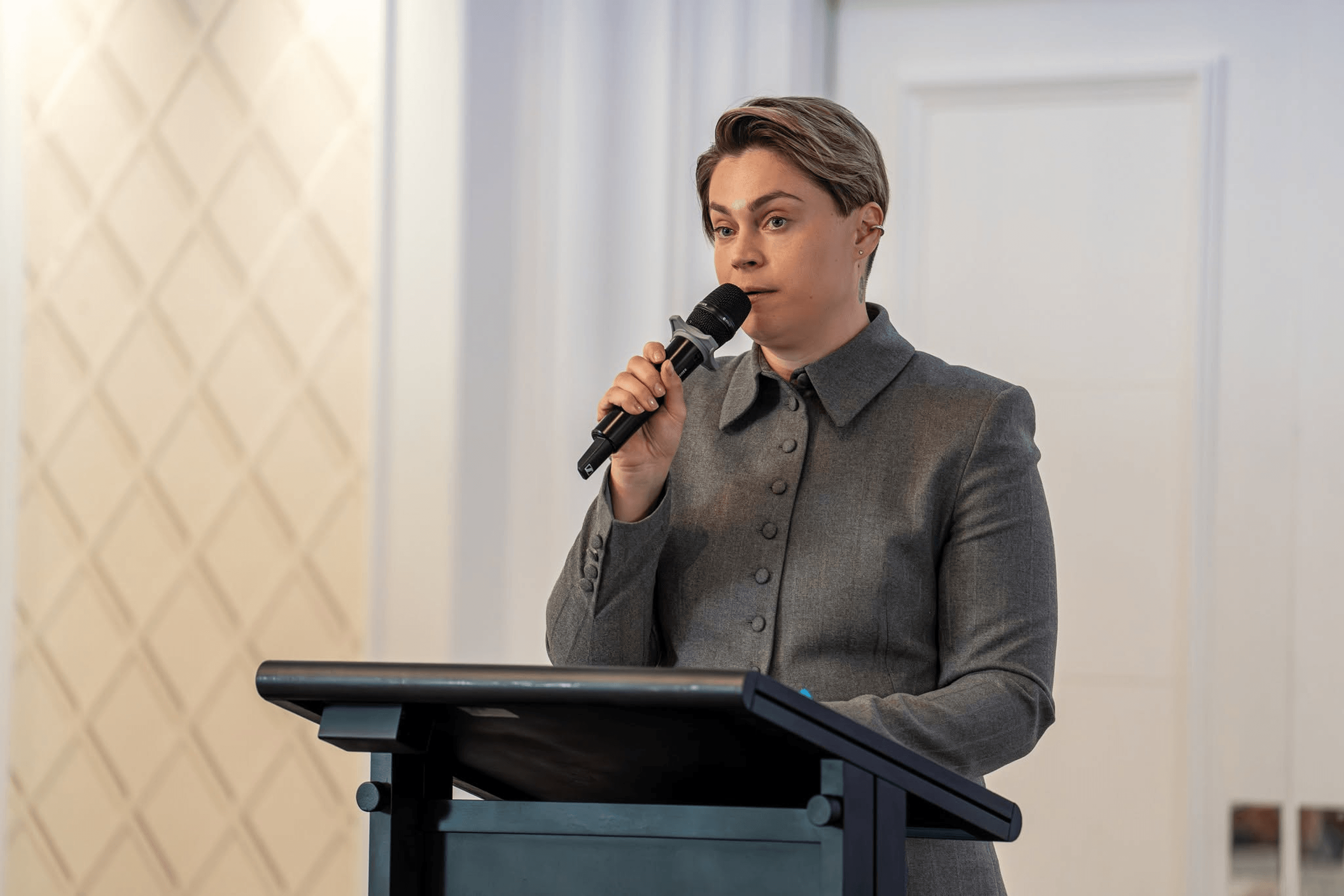 Maria Tomak speaks at the presentation of a Truth Hounds report on Russia’s recruitment of foreign nationals to fight in the war against Ukraine. April 2026.