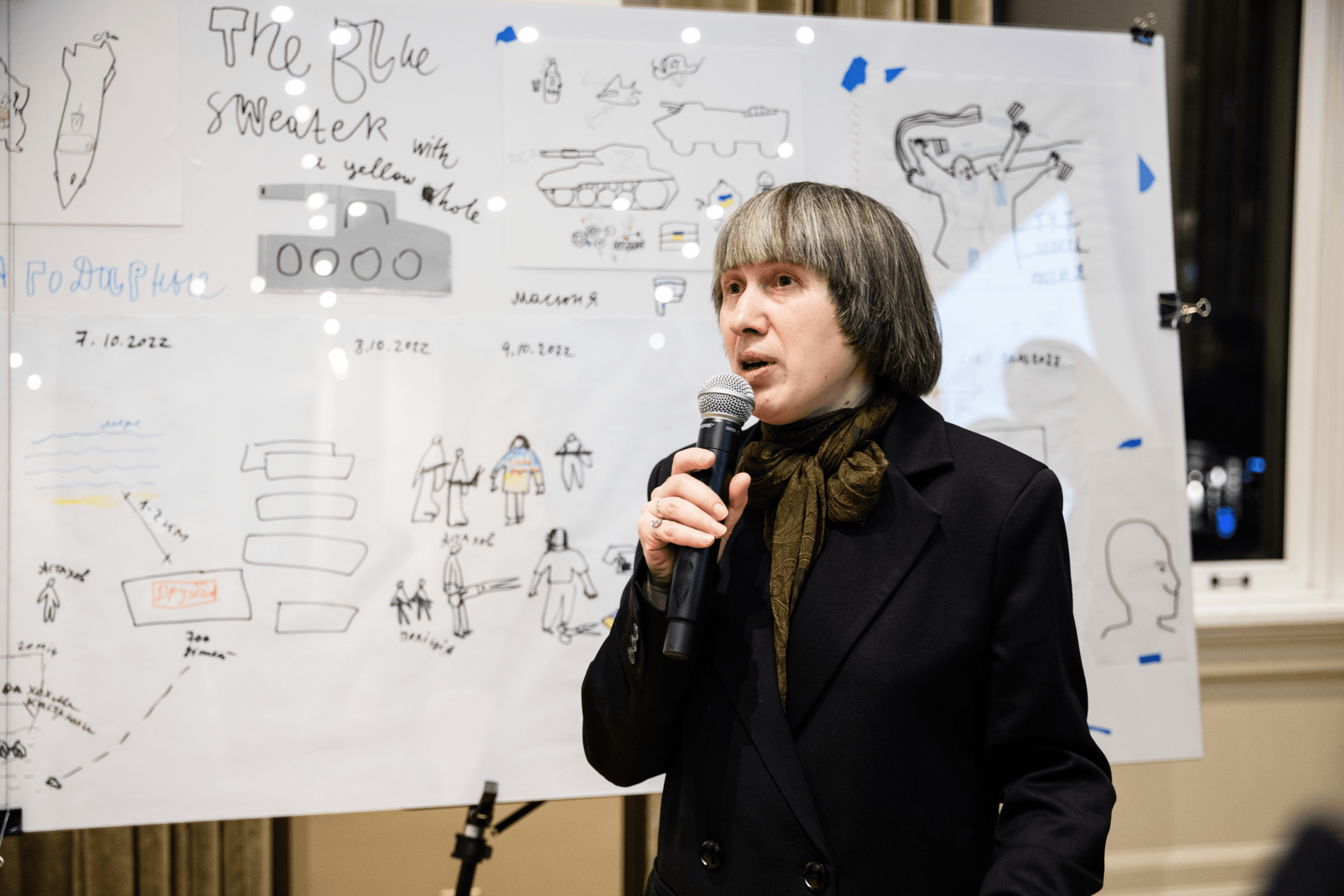 Artist Alevtina Kakhidze during the presentation of an exhibition as part of the Blue Sweater with a Yellow Hole project. Columbia University, New York, USA. February 10, 2024.