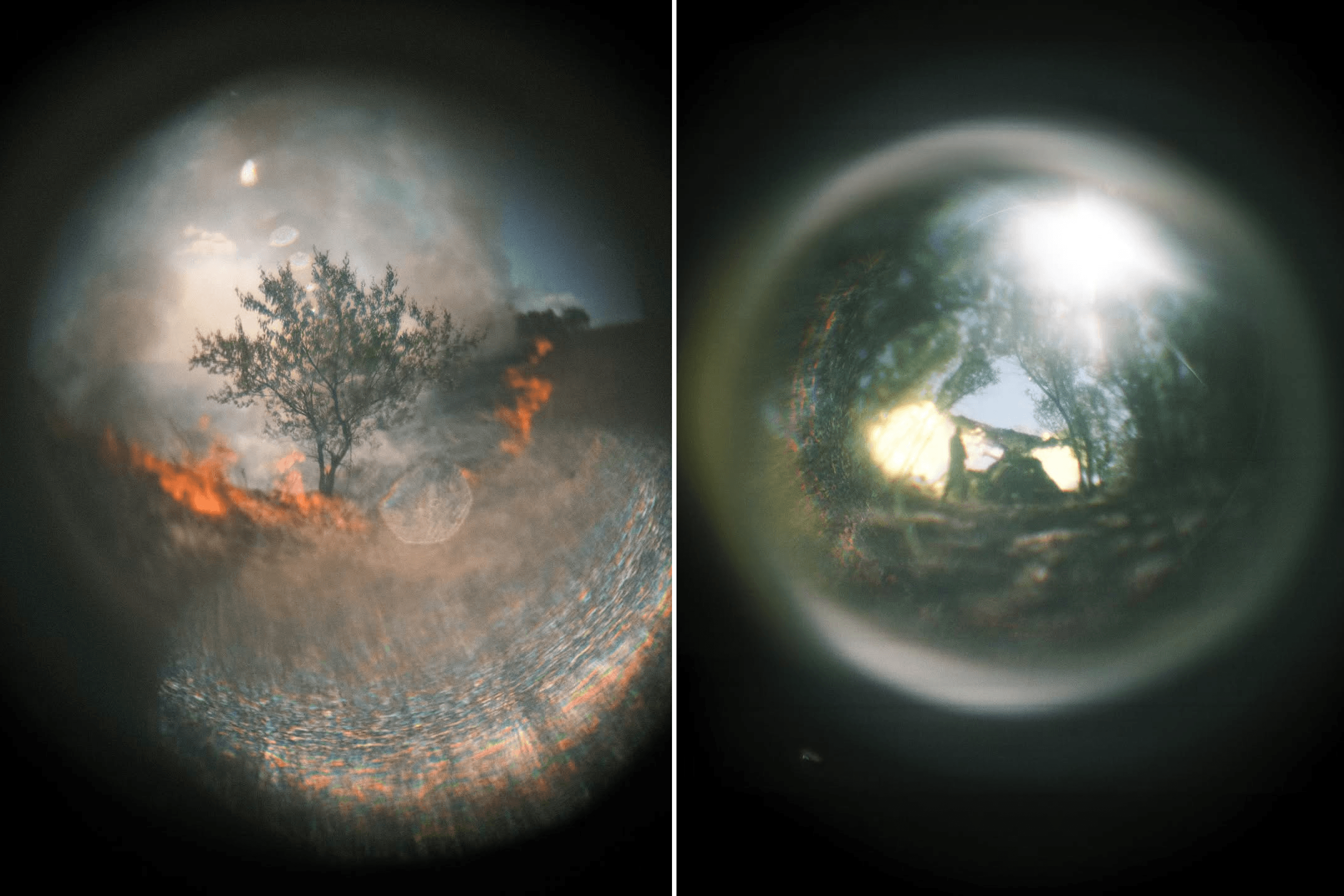 Left: The earth burns after shelling in the village of Nova Poltavka, located on the T0504 road, 5 km from the front line. Donetsk region, Ukraine. July 2024.
Right: Soldiers of the 31st Separate Mechanized Brigade fire a D-30 cannon towards the village of Novooleksandrivka, 6 km from Russian positions. Donetsk region, Ukraine. July 2024.