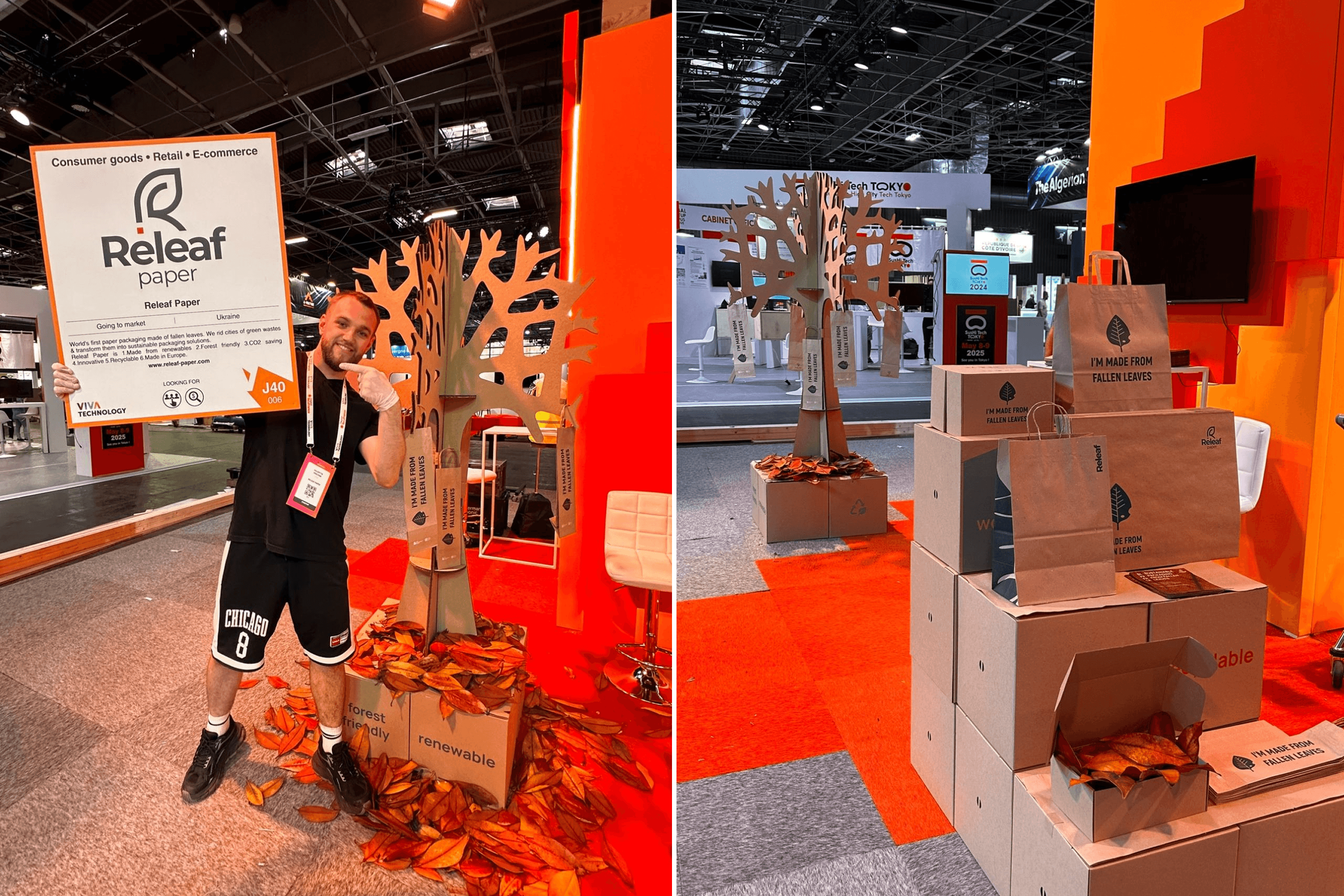 Releaf Paper products made from fallen leaves at VivaTech in Paris. May 22–25, 2024.