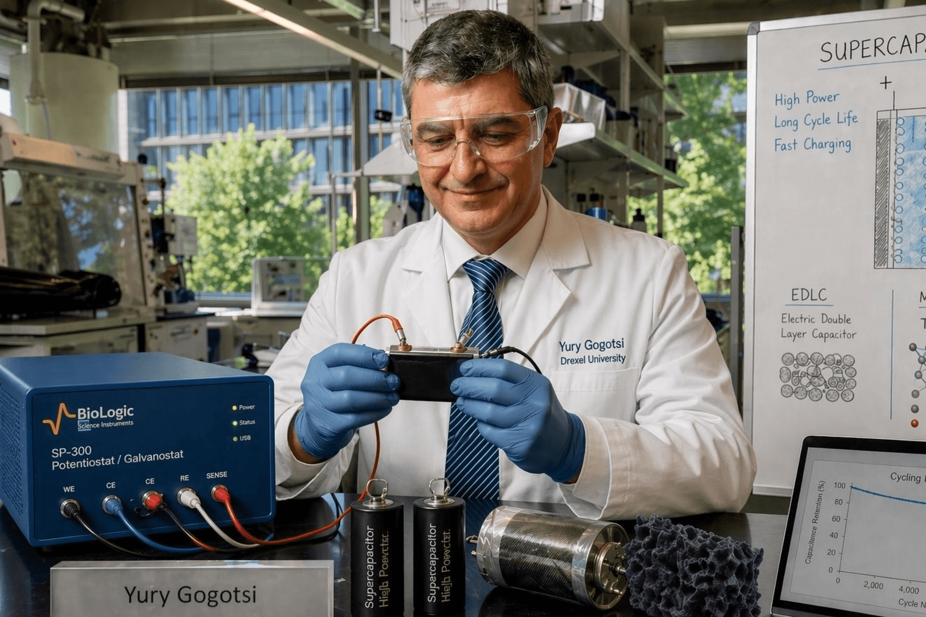 Yury Gogotsi in a laboratory at Drexel University during research on supercapacitors and energy storage systems. 2025.