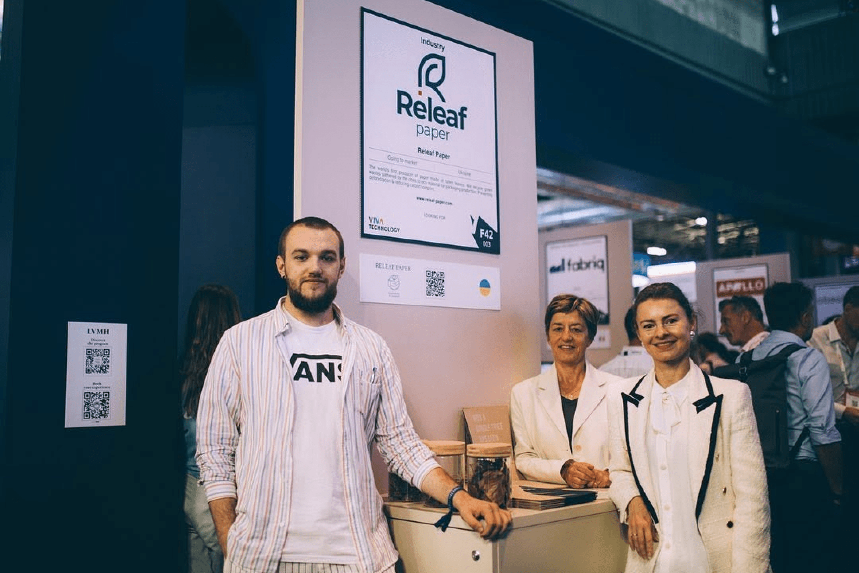 The Releaf Paper team at the VivaTech exhibition in Paris, where the startup was a finalist for the LVMH Innovation Award 2023. June 22, 2023.