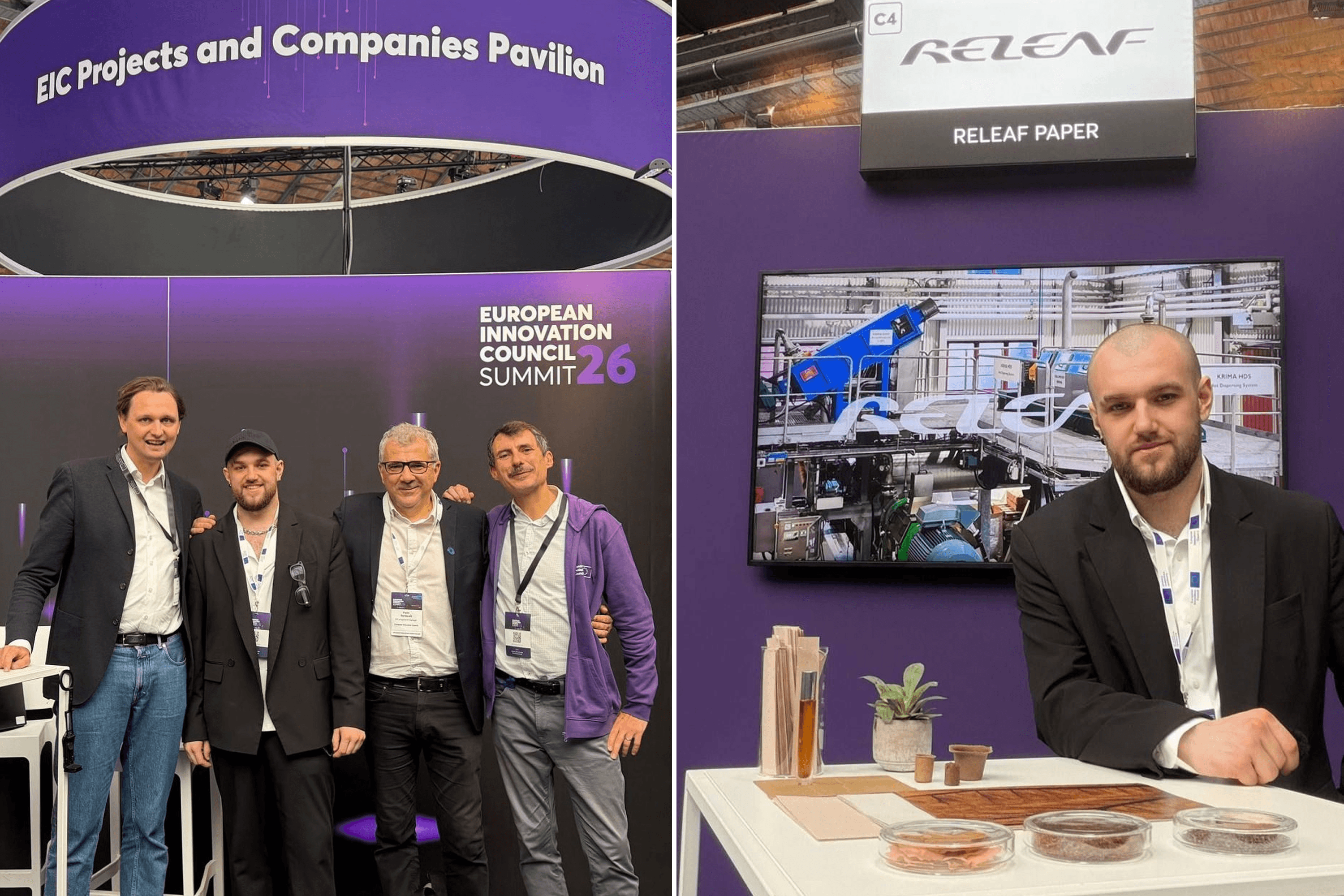 Valentyn Frechka at the EIC Summit 2026 in Brussels, where Releaf Paper showcased its products at the European Innovation Council pavilion. 2026.