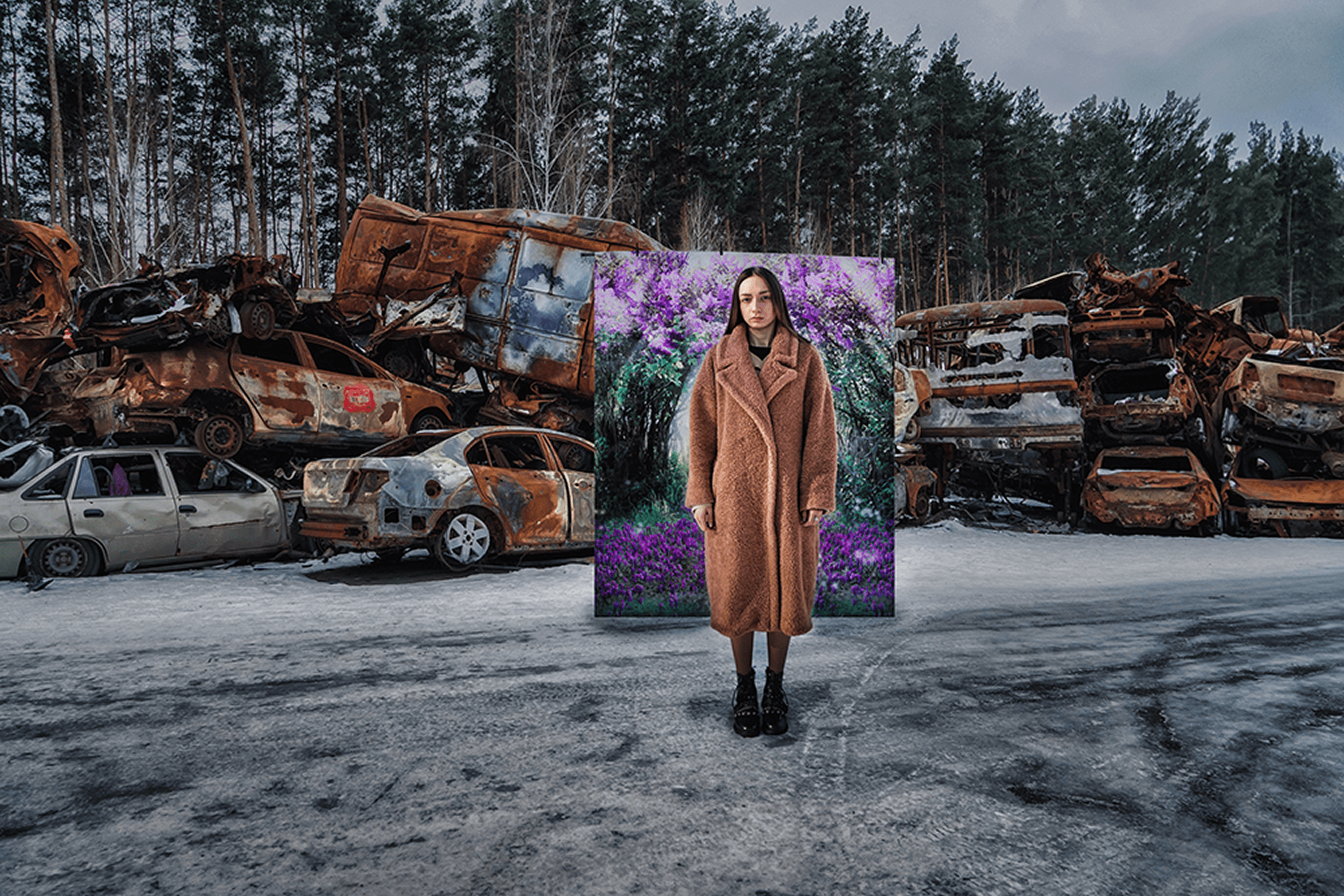 Series “Stolen Spring.”
Albina lives with her parents in Vorzel — a town near Bucha and Irpin. During the occupation, they hid in a basement, and after returning home, found their house damaged and doors blown off. Albina remembers the spring of 2022 with pain and sadness. Irpin, Ukraine. Winter 2023.
